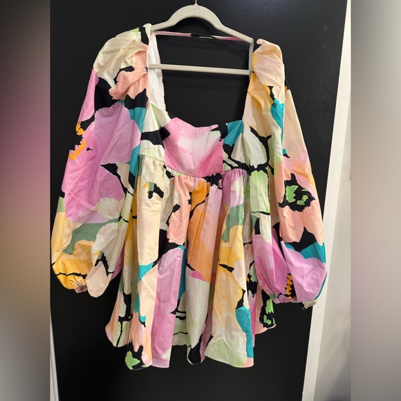 ASOS long sleeve babydoll mini dress in art house pink floral print - Picture 2 of 6